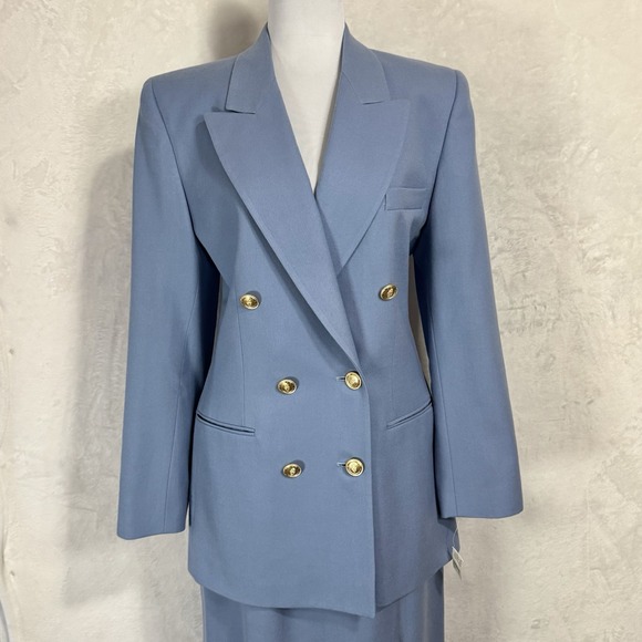 Vintage Talbots Wool Midi Skirt Suit 10 Fit 6 8 Blue Double Breasted Gold Button - Picture 2 of 16